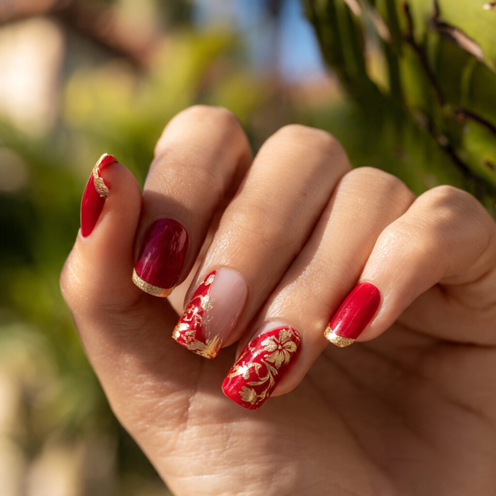 close up of one hand with red gold french accent n
