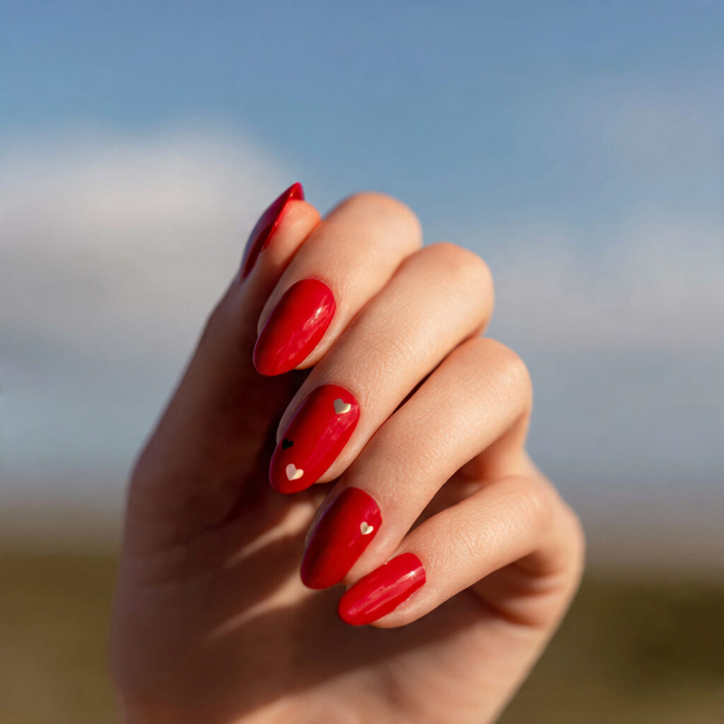 Acrylic Nails Red: The Bold, Timeless Look You’ll Never Get Over 7 close up of one hand with red heart accent acrylic