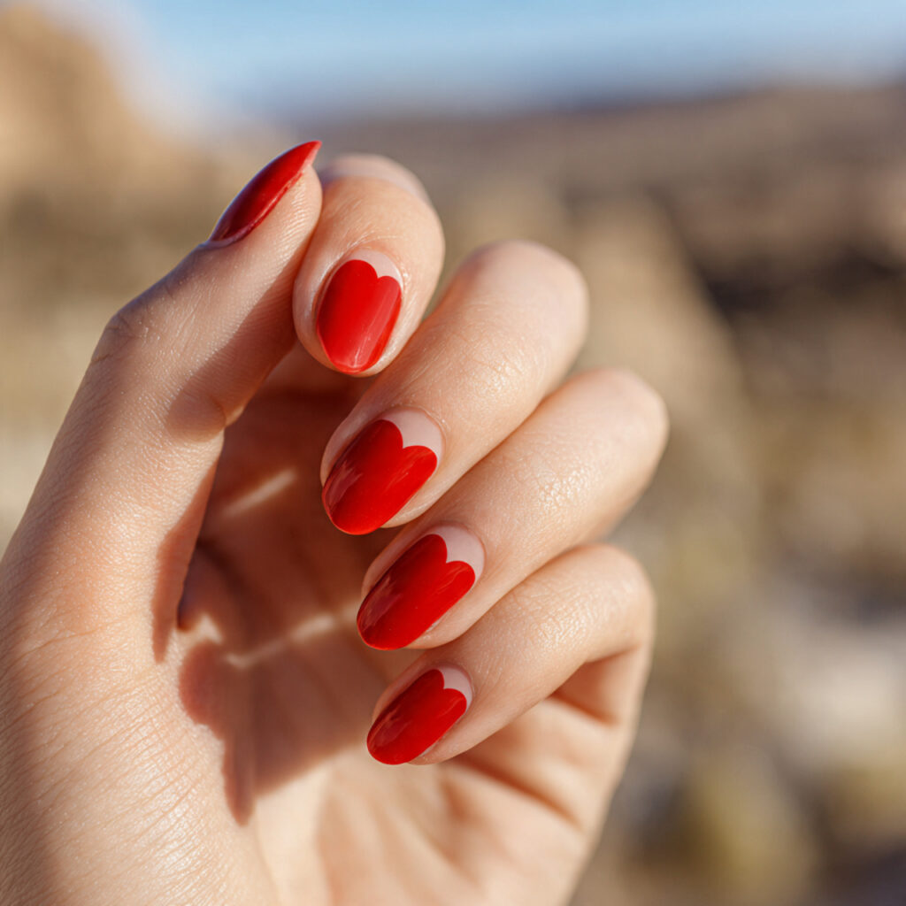 Red Quince Nails: Regal, Romantic & Made for Your Main Character Moment 12 close up of one hand with red heart accent nails e
