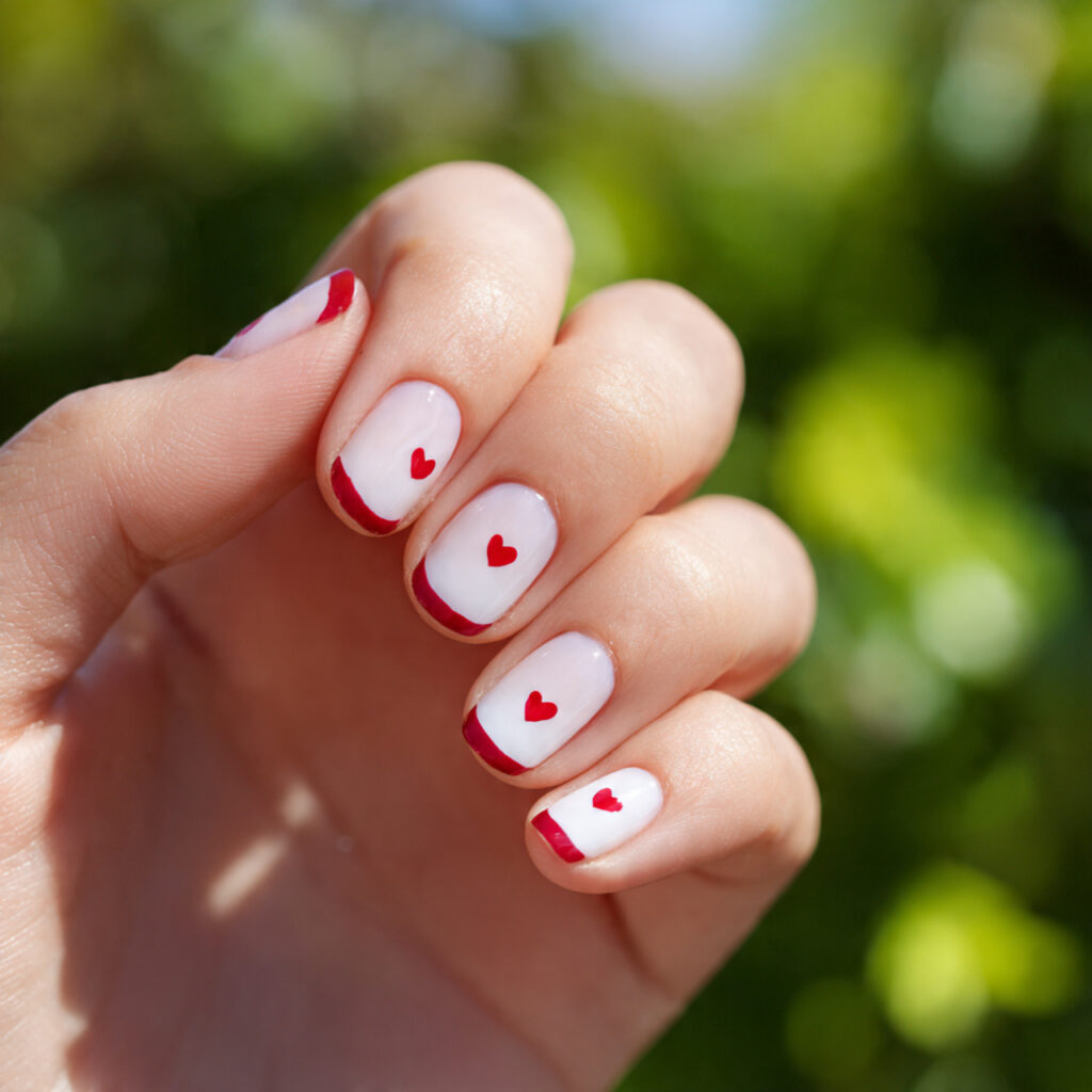 Red Nails Art: The Bold, Beautiful Designs You’ll Keep Saving 11 close up of one hand with red heart french tip nai