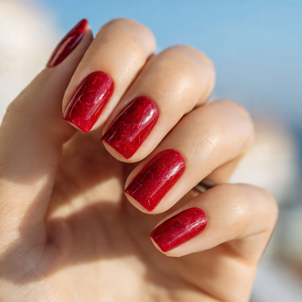 Acrylic Nails Red: The Bold, Timeless Look You’ll Never Get Over 14 close up of one hand with red marble acrylic nails