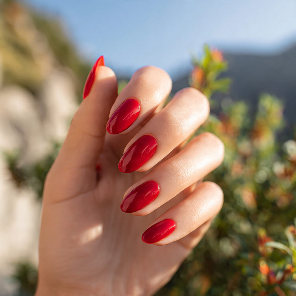 Red Nails Design Ideas Classy Almond: 14 Elegant Looks You’ll Love 7 close up of one hand with red micro french tip alm