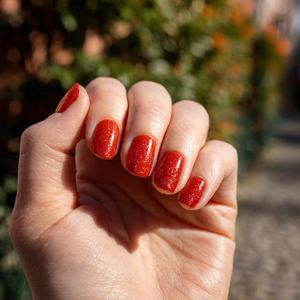 Classic Red Nails: Timeless, Elegant & Always in Style 5 close up of one hand with red nails and subtle gli