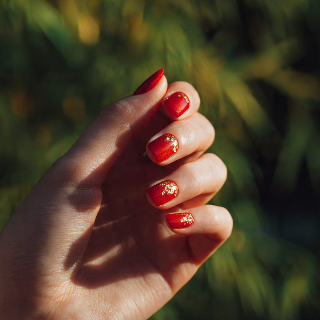 Classic Red Nails: Timeless, Elegant & Always in Style 12 close up of one hand with red nails featuring gold 1