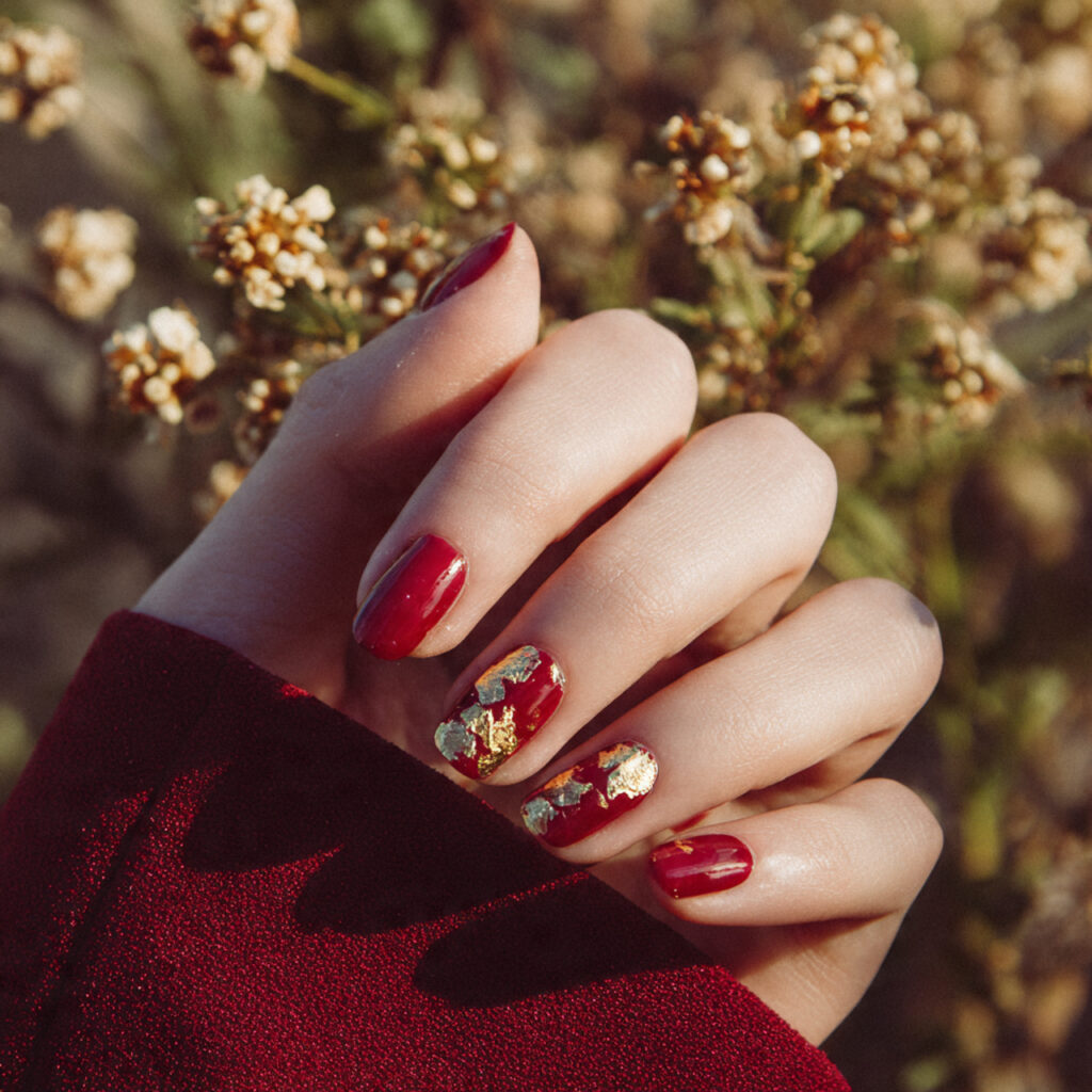 Red Quince Nails: Regal, Romantic & Made for Your Main Character Moment 5 close up of one hand with red nails featuring gold