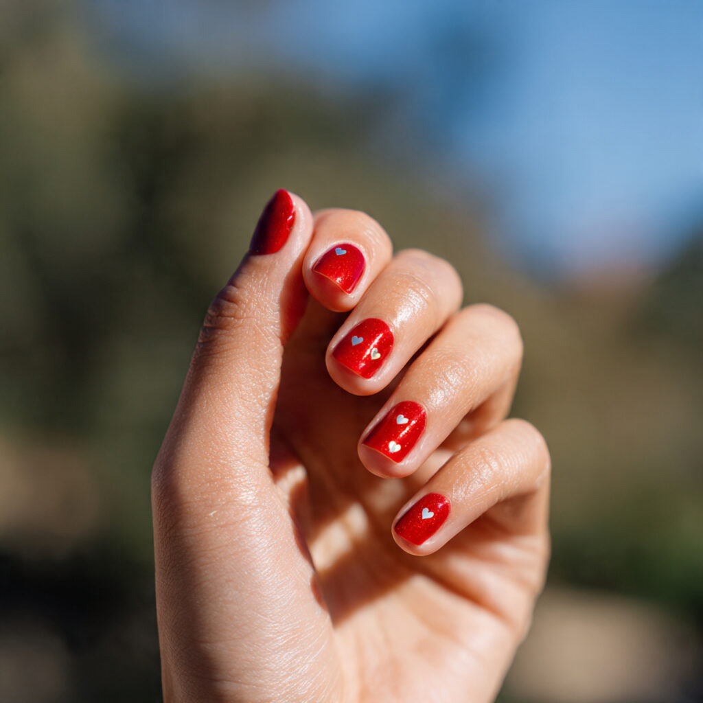 Red Nails Inspo 2026: Bold, Glossy & Totally Addictive Looks 4 close up of one hand with red nails featuring tiny