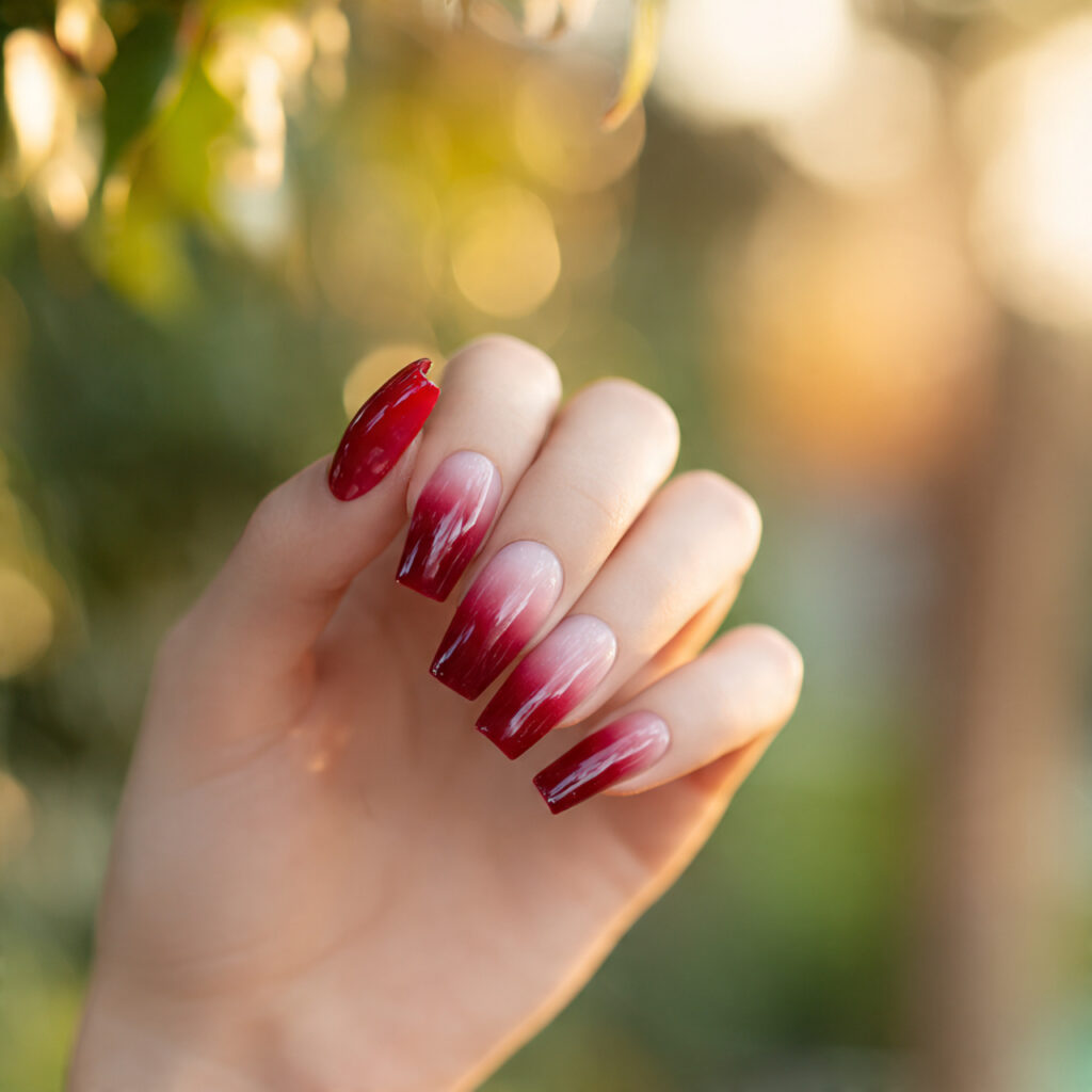 Acrylic Nails Red: The Bold, Timeless Look You’ll Never Get Over 6 close up of one hand with red ombre acrylic nails