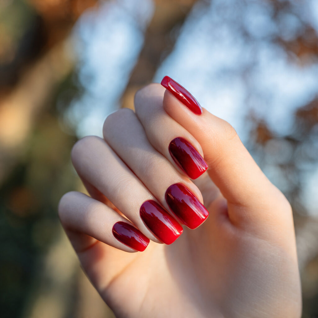 Classic Red Nails: Timeless, Elegant & Always in Style 10 close up of one hand with red ombre fade nails ele 1