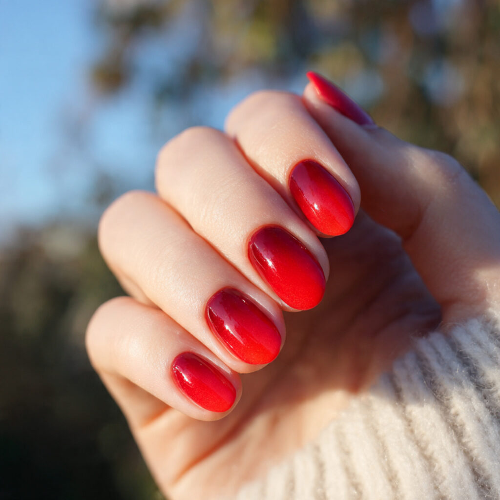Red Quince Nails: Regal, Romantic & Made for Your Main Character Moment 9 close up of one hand with red ombre fade nails fea