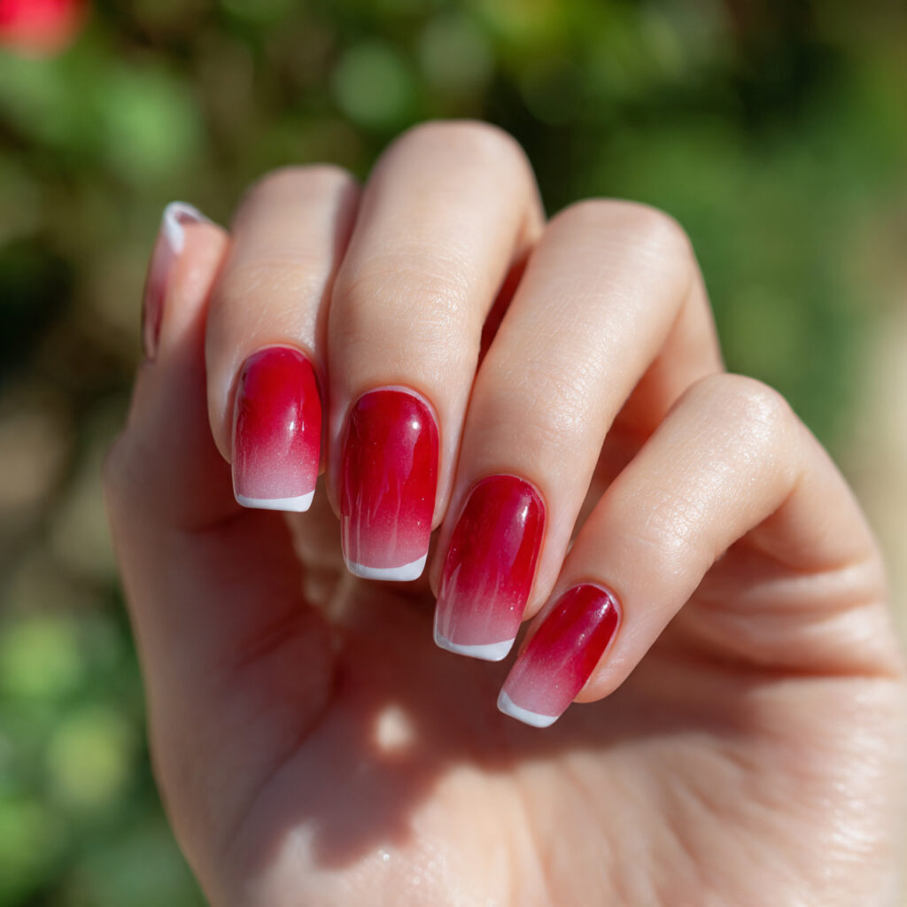close up of one hand with red ombre french fade na