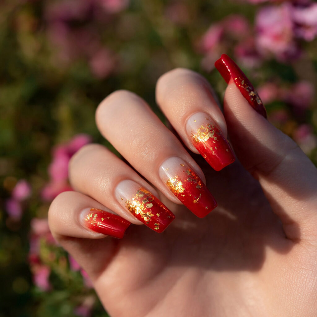 Red Nails With Gold: The Luxe, Glowing Combo You’ll Be Obsessed With 6 close up of one hand with red ombre nails featurin