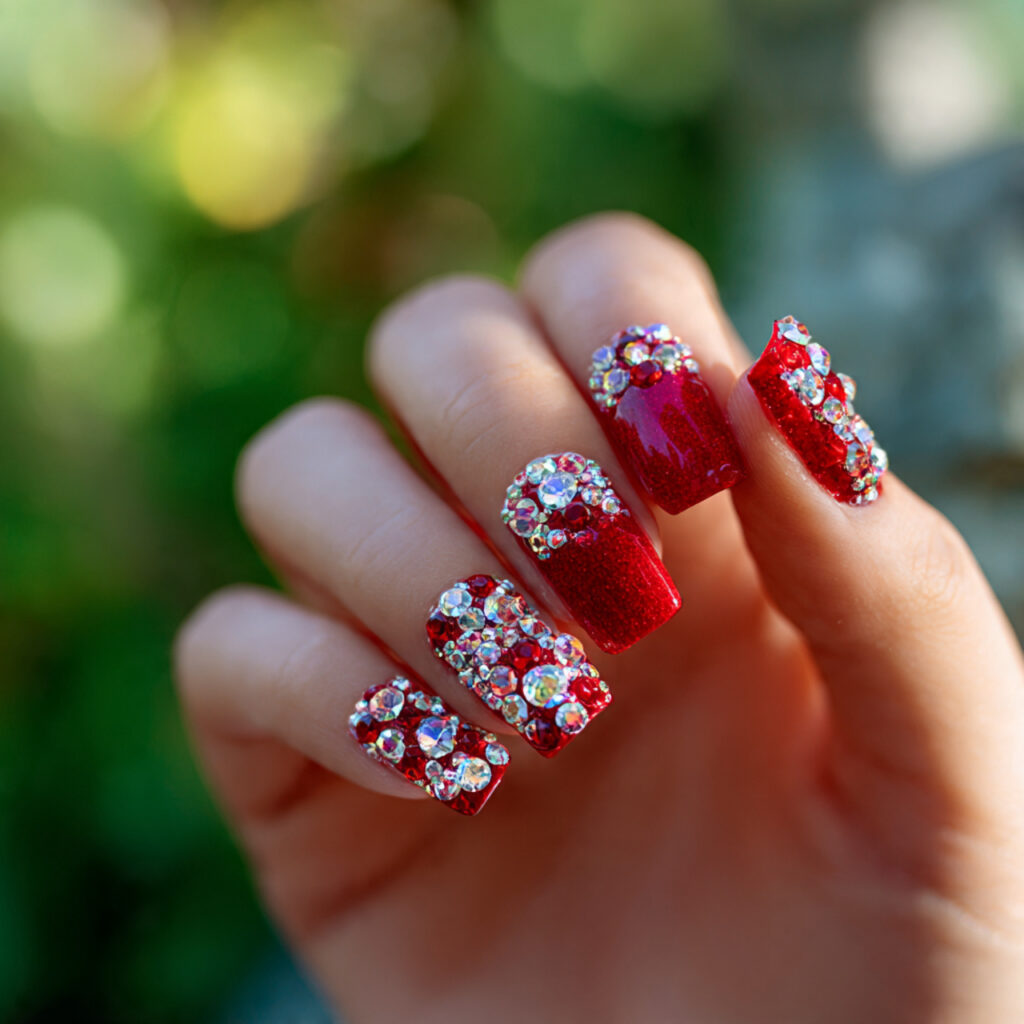Red Nails Art: The Bold, Beautiful Designs You’ll Keep Saving 13 close up of one hand with red rhinestone glam nail