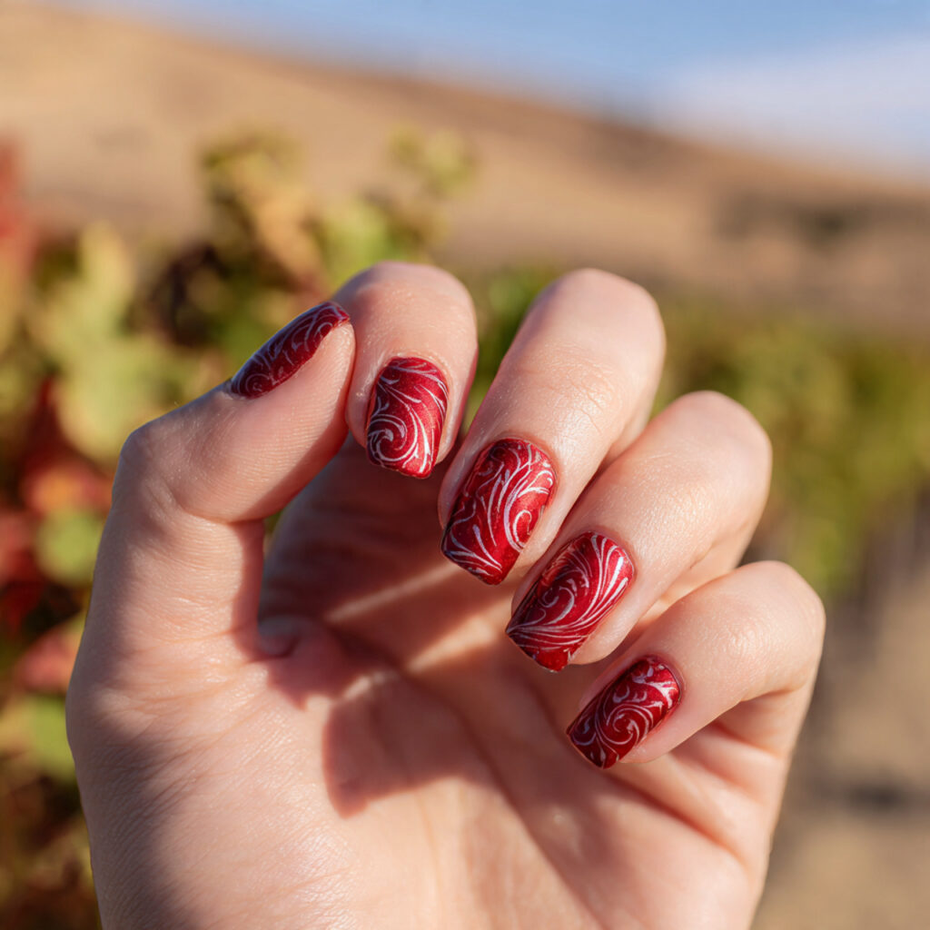 Red Nails Art: The Bold, Beautiful Designs You’ll Keep Saving 5 close up of one hand with red swirl abstract nail