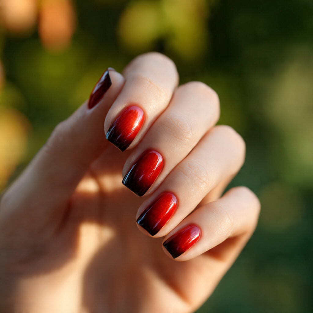 Prom Nails Red: 14 Stunning Designs for Your Perfect Night 10 close up of one hand with red to black ombre nails
