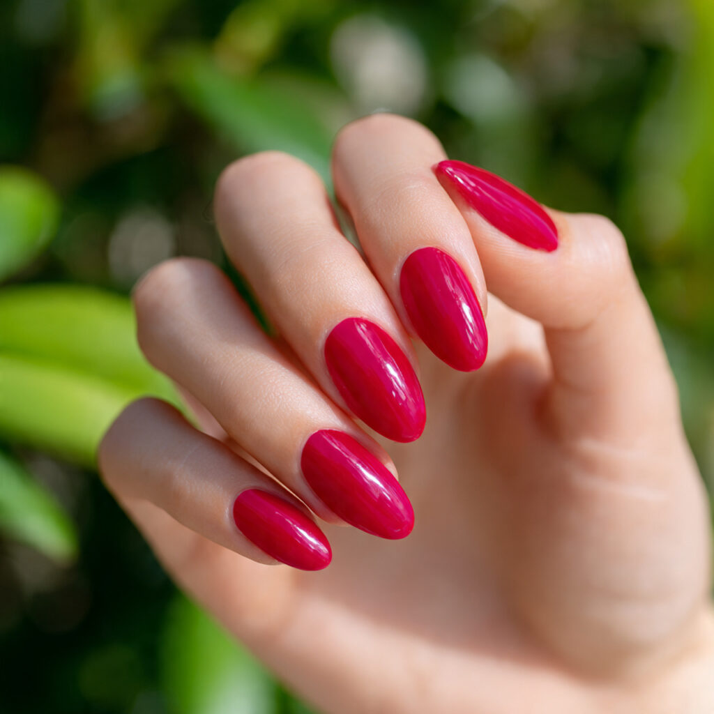Red Nails Design Ideas Classy Almond: 14 Elegant Looks You’ll Love 5 close up of one hand with rose red almond shaped n
