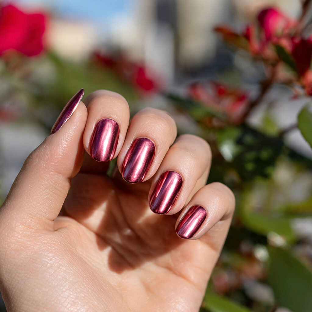 Red Nails Chrome: Glossy, Fiery & Made to Shine 5 close up of one hand with rose red chrome nails gl 1