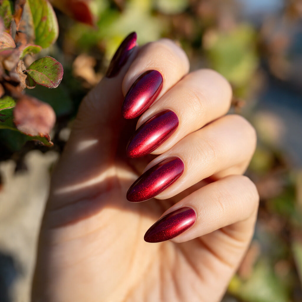 Red Nails Cat Eye: Magnetic Glow You Can’t Stop Staring At 4 close up of one hand with ruby red cat eye shine n