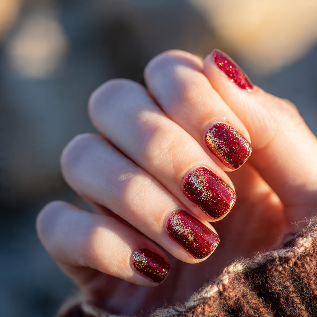 Red Nails With Gold: The Luxe, Glowing Combo You’ll Be Obsessed With 13 close up of one hand with ruby red glitter nail po