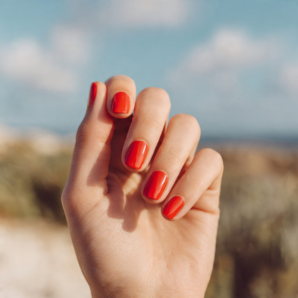 Red Quince Nails: Regal, Romantic & Made for Your Main Character Moment 4 close up of one hand with short red quince nails m