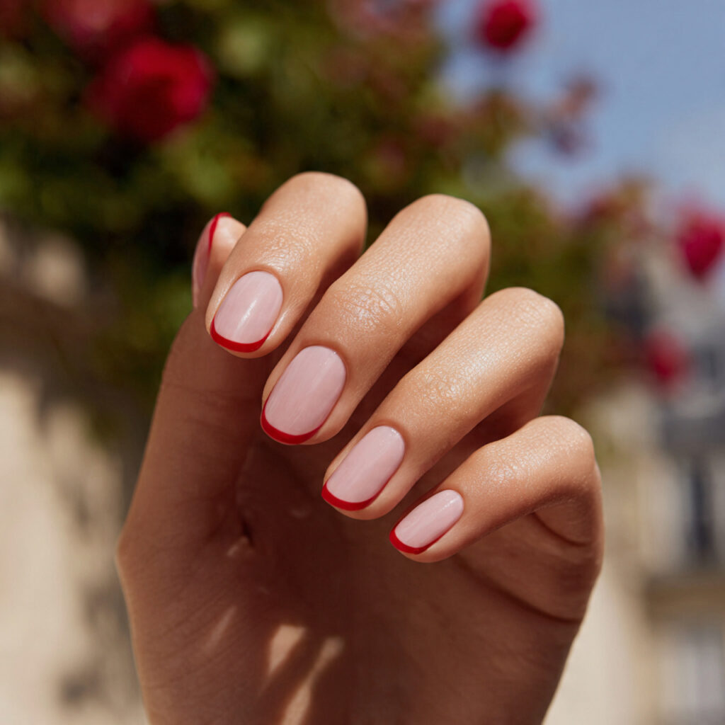 close up of one hand with soft pink base nail poli
