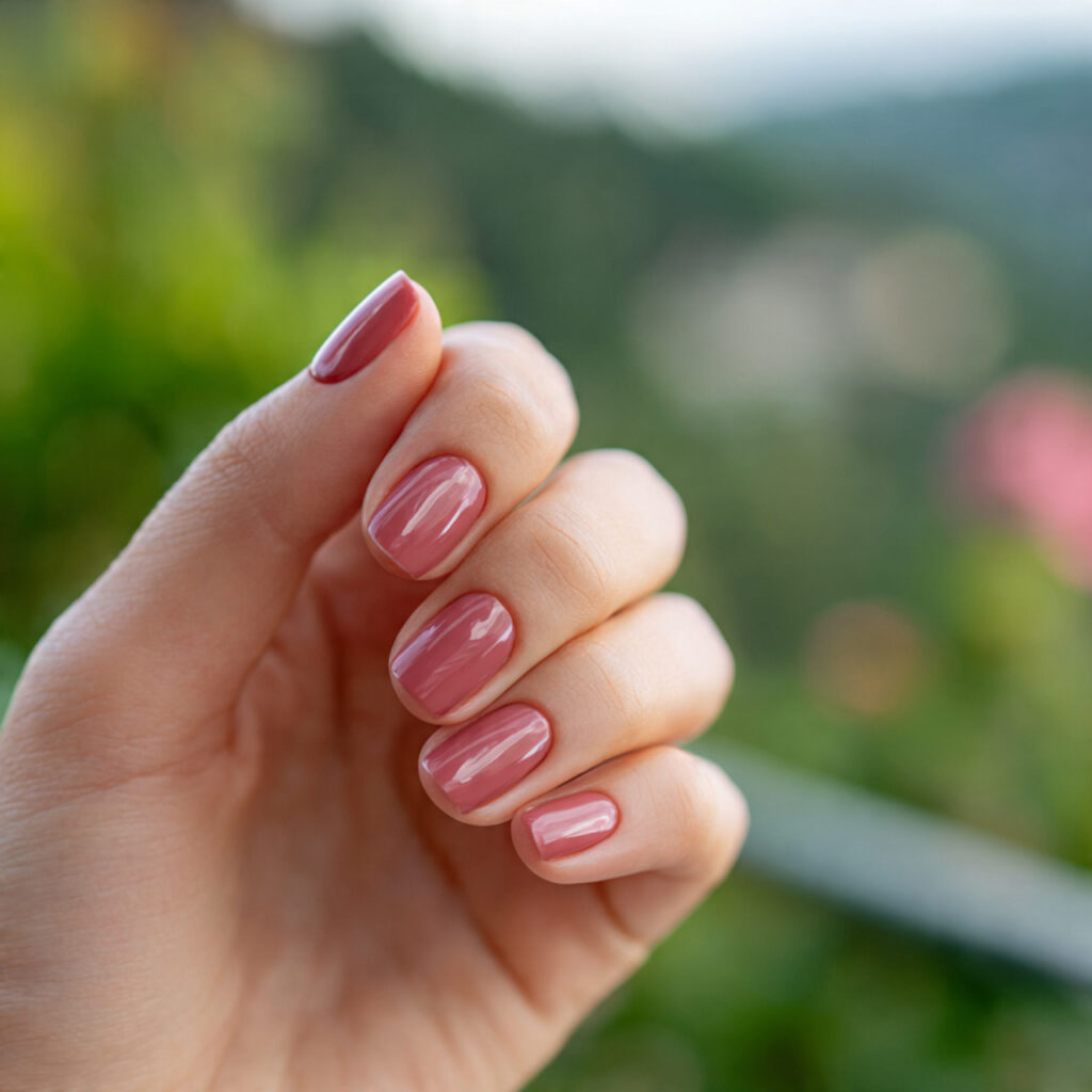 Classic Red Nails: Timeless, Elegant & Always in Style 9 close up of one hand with soft rose red nail polis
