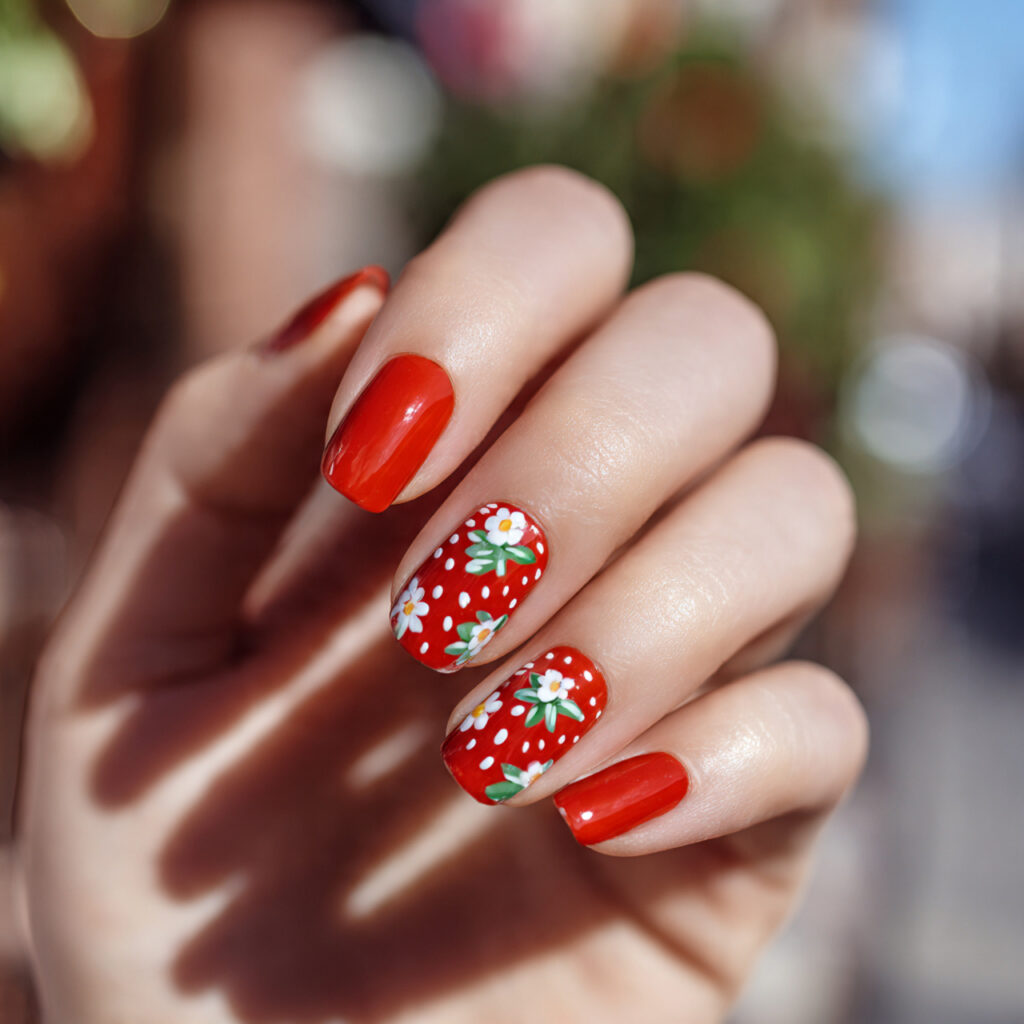 Acrylic Nails Red: The Bold, Timeless Look You’ll Never Get Over 9 close up of one hand with strawberry red acrylic n