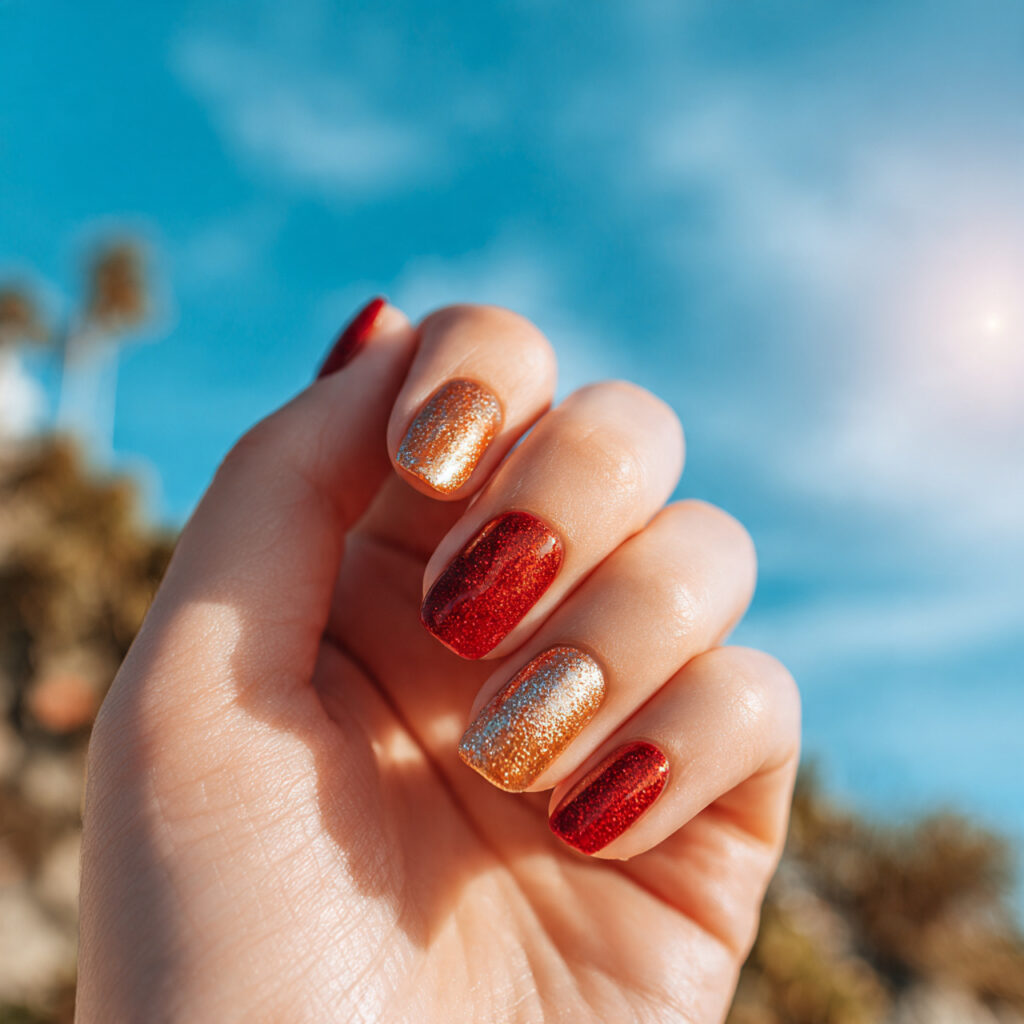 Red Gold Nails: Luxe, Fiery Designs That Feel Instantly Iconic 14 one attractive hand with mix match red and gold na