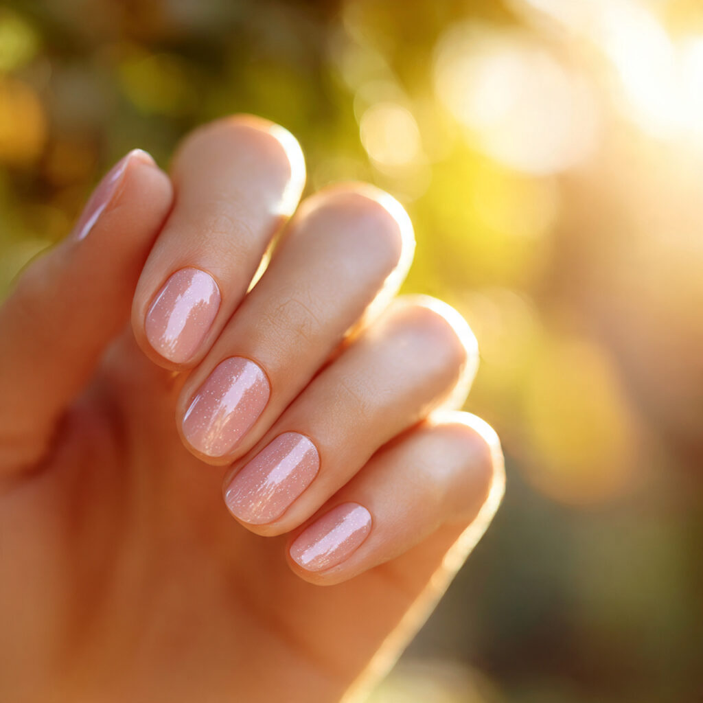 Pink Sparkle Nails: Soft Glam, Glossy Shine & Dreamy Glow 10 one attractive hand with pale pink sparkle nails g