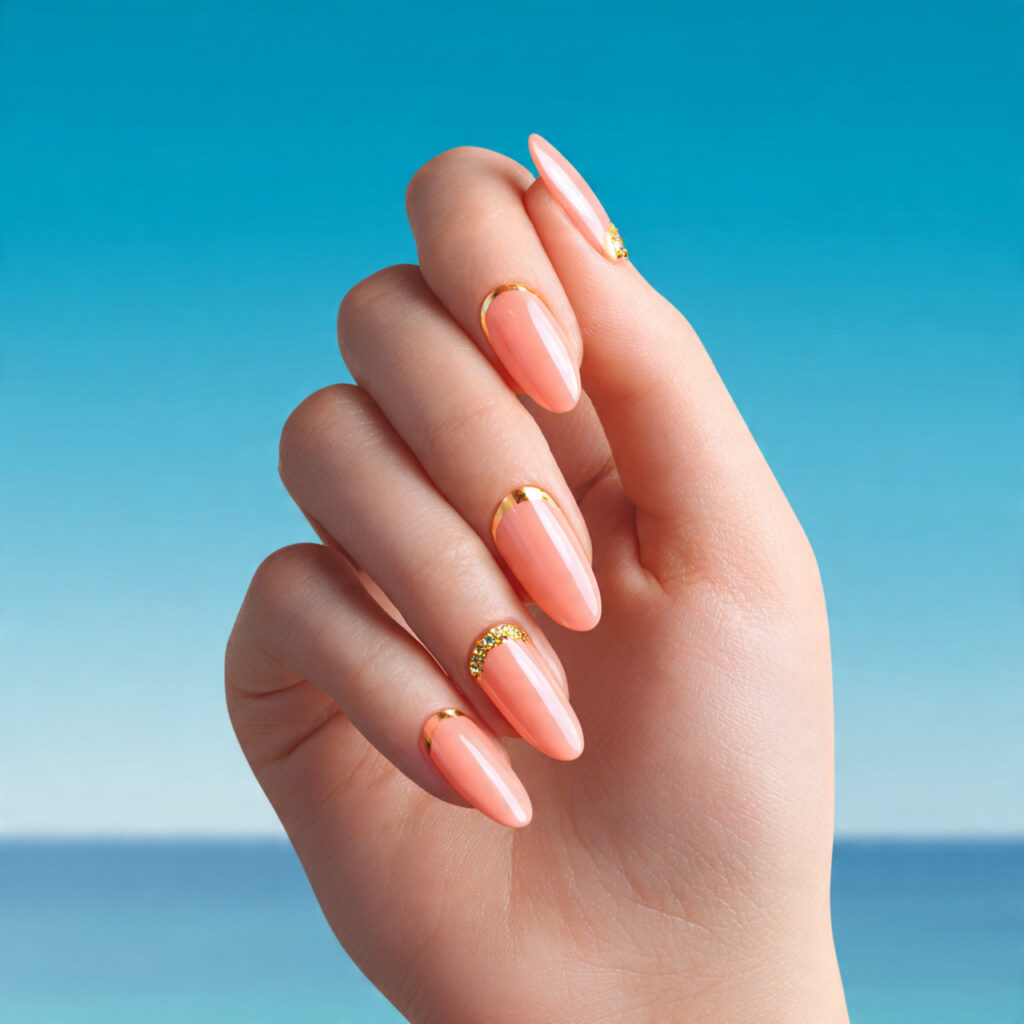 one attractive hand with peachy pink nails and gol