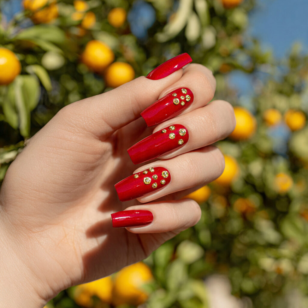 Red Gold Nails: Luxe, Fiery Designs That Feel Instantly Iconic 10 one attractive hand with red acrylic nails decorat