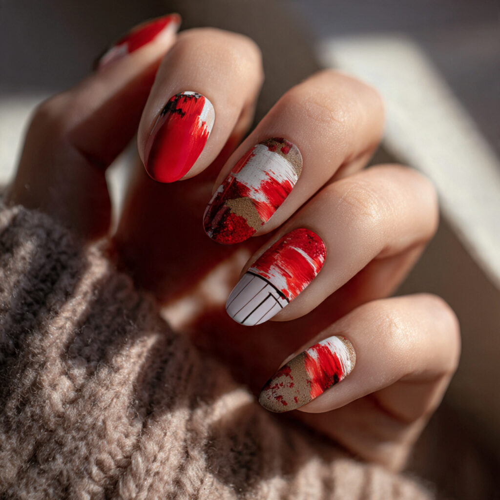 Prom Nails Red: 14 Stunning Designs for Your Perfect Night 11 one hand with abstract red art nail design featuri