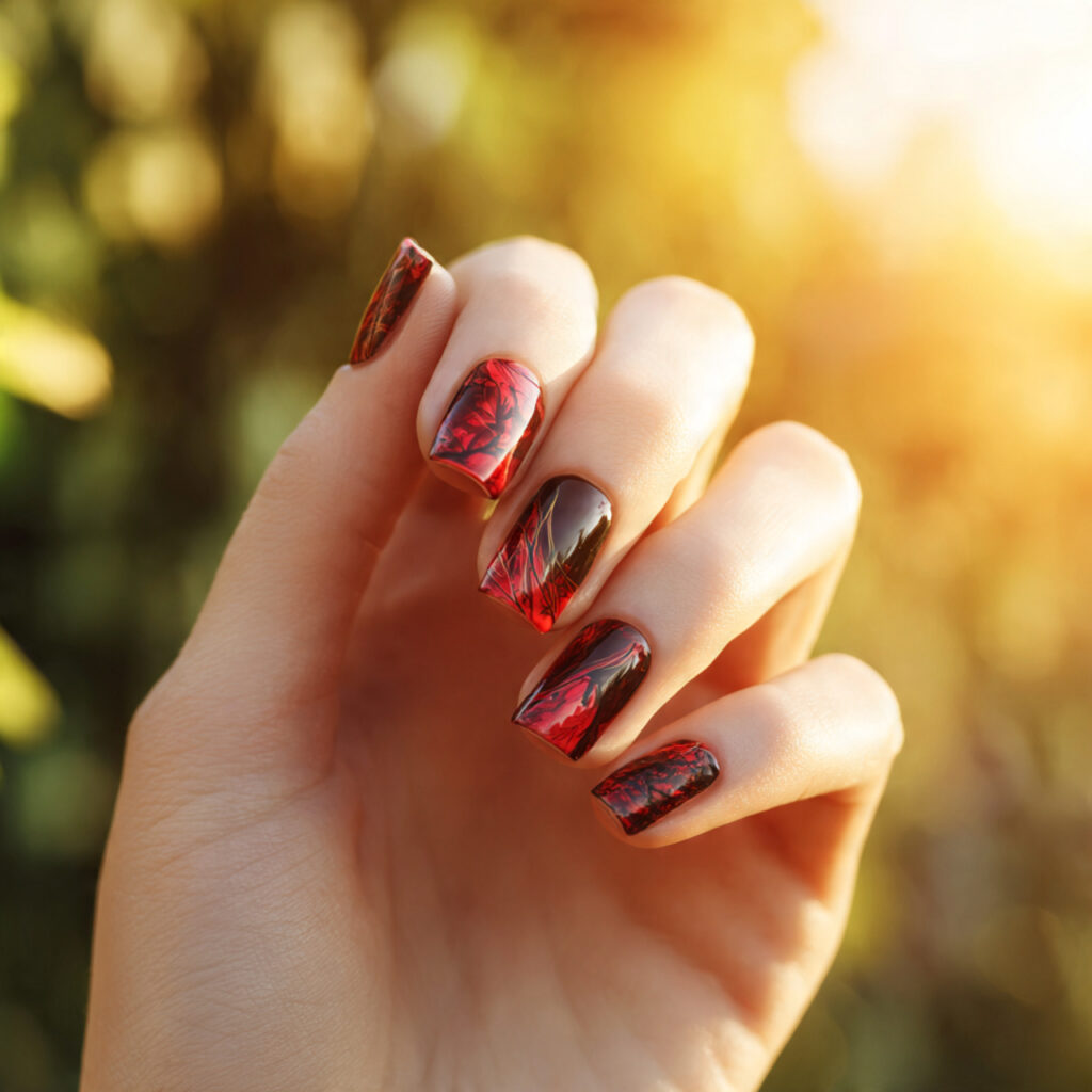 Red Black Nails: Bold, Addictive & Totally Unforgettable Looks 10 one hand with attractive abstract red and black ar 1