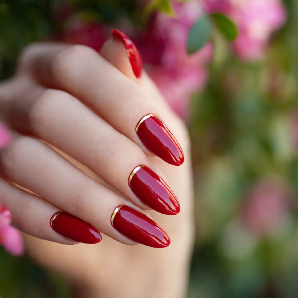 Almond Nails Red: 14 Dreamy, Classy & Bold Ideas You’ll Want to Save 8 one hand with attractive almond shaped nails paint