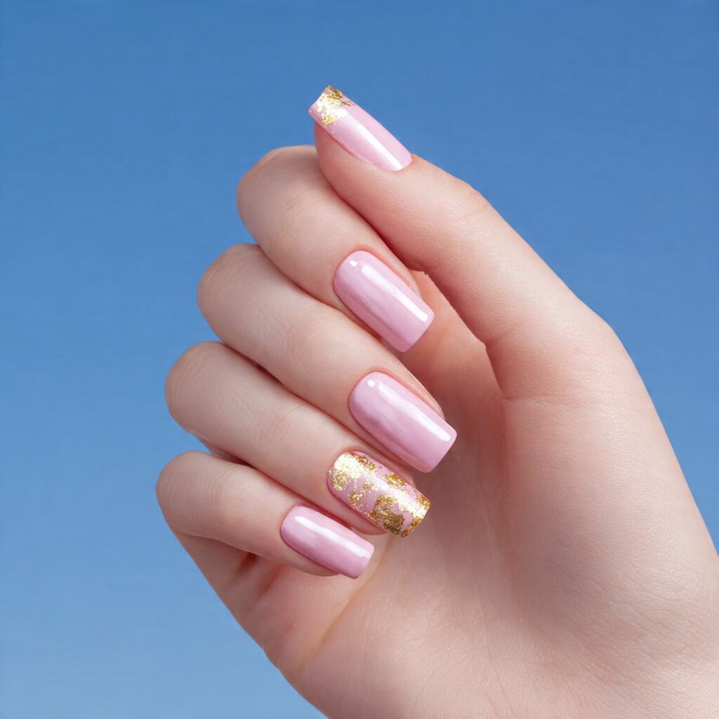one hand with attractive baby pink nail polish and