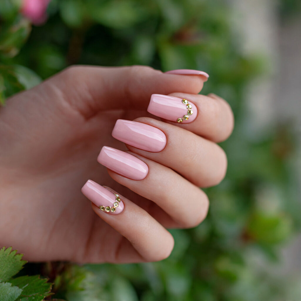 one hand with attractive baby pink nails glossy fi