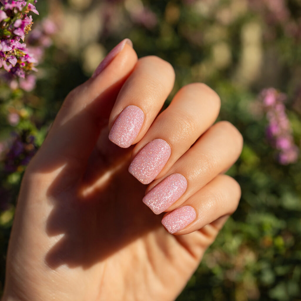 Pink Sparkle Nails: Soft Glam, Glossy Shine & Dreamy Glow 3 one hand with attractive baby pink sparkle nails g