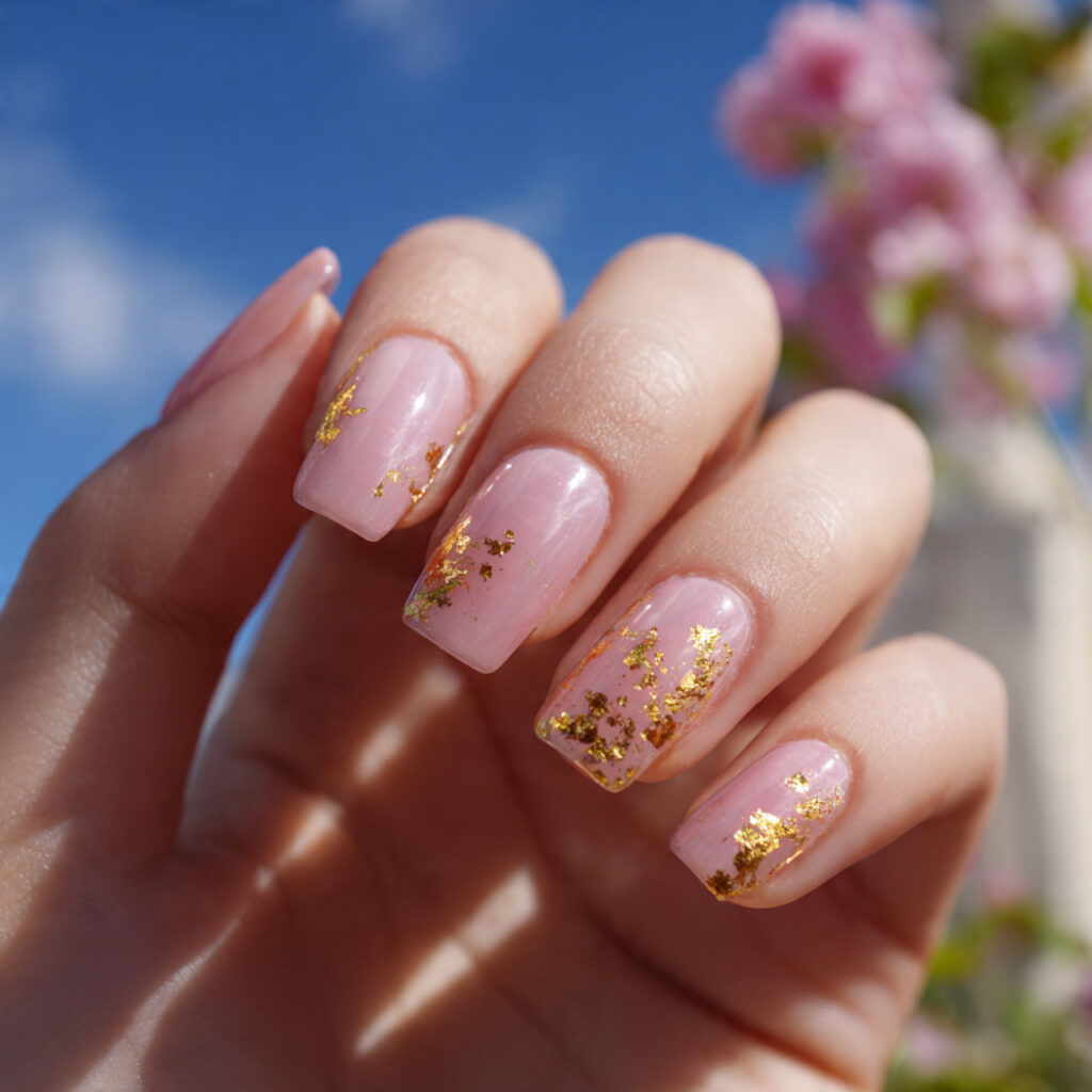 Pink Gold Nails: Soft Glam Meets Luxe Shine 1 one hand with attractive blush pink nails featurin 1