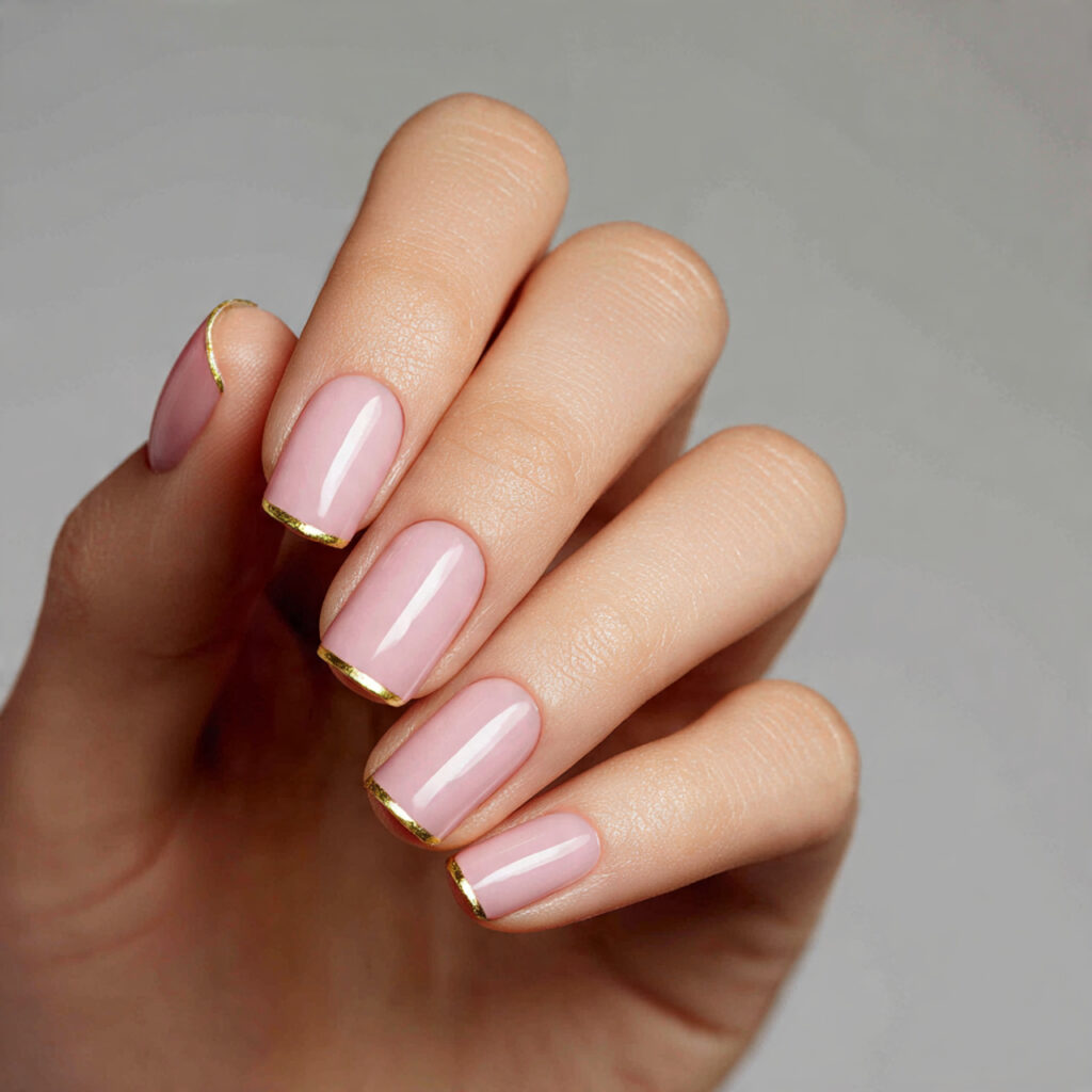 one hand with attractive blush pink nails with gol