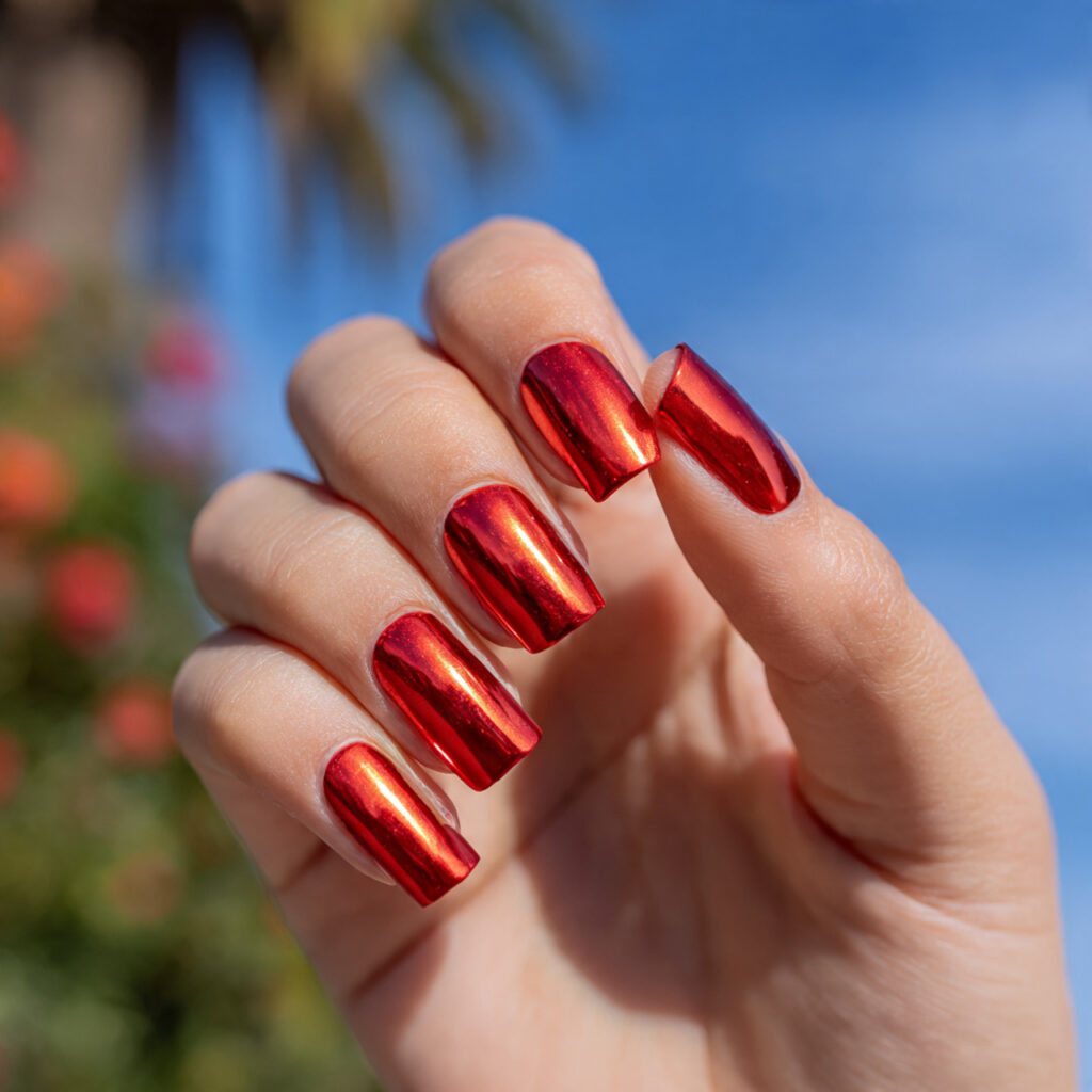 one hand with attractive bright red chrome square