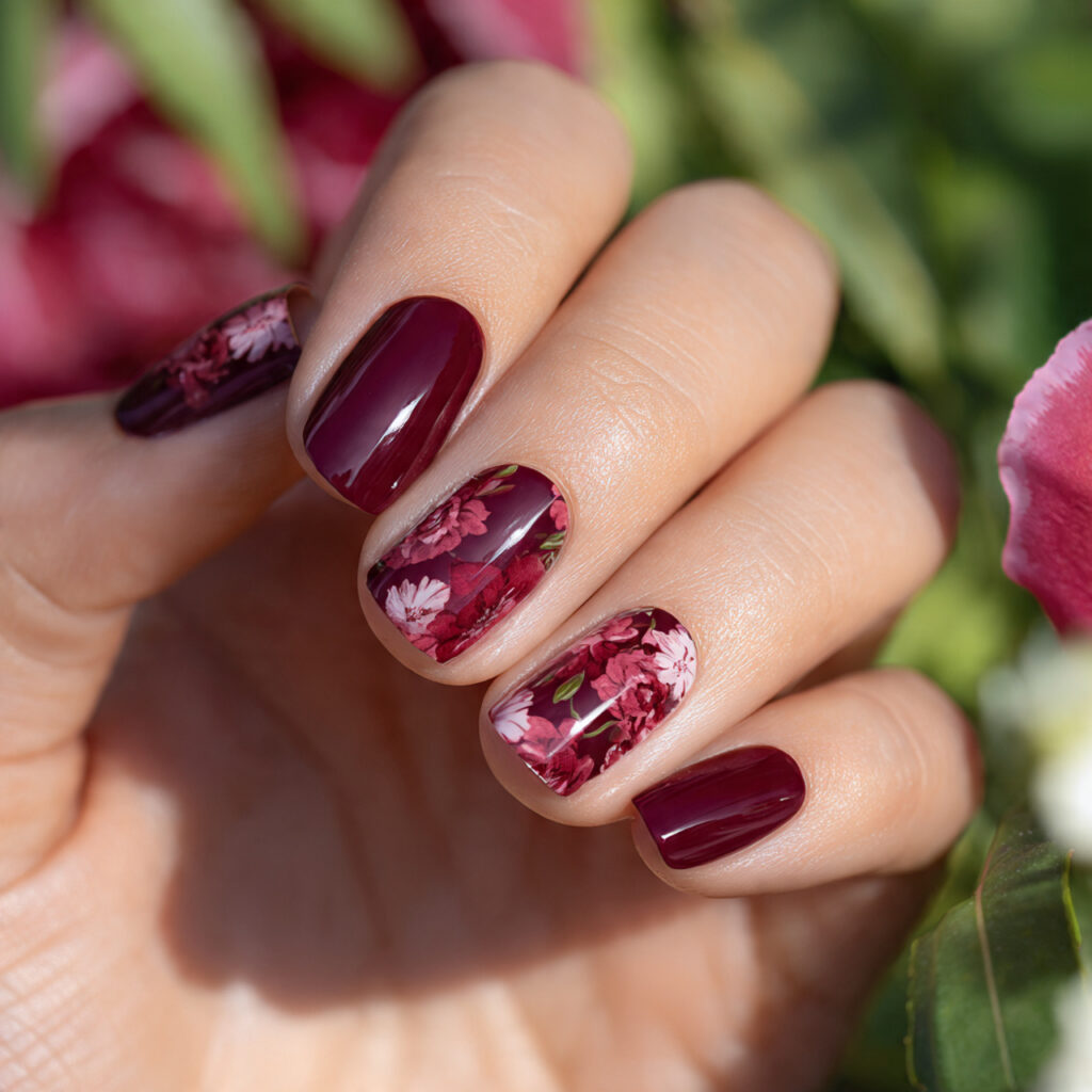 one hand with attractive burgundy floral nail art