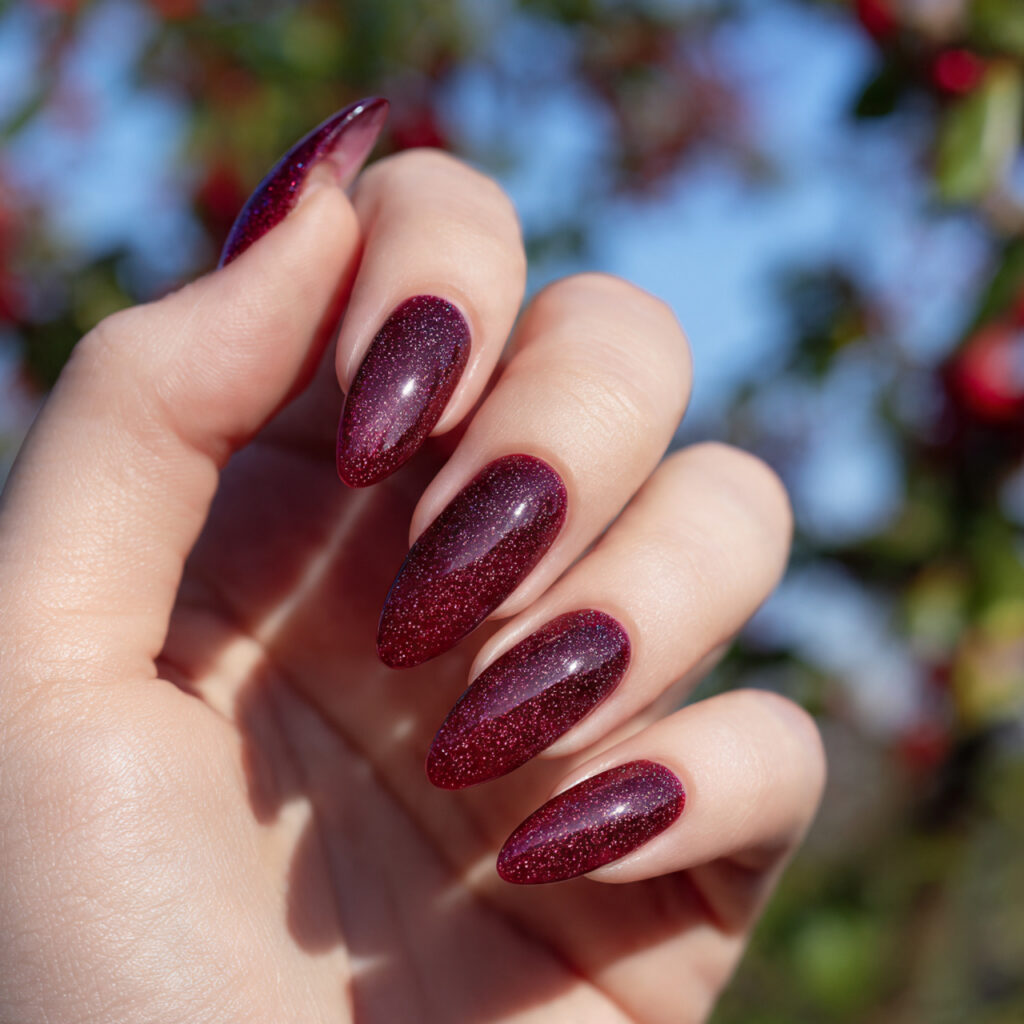 Red Nails Glitter: Bold Sparkle, Soft Glam & Statement Shine 2 one hand with attractive burgundy glitter fade nai