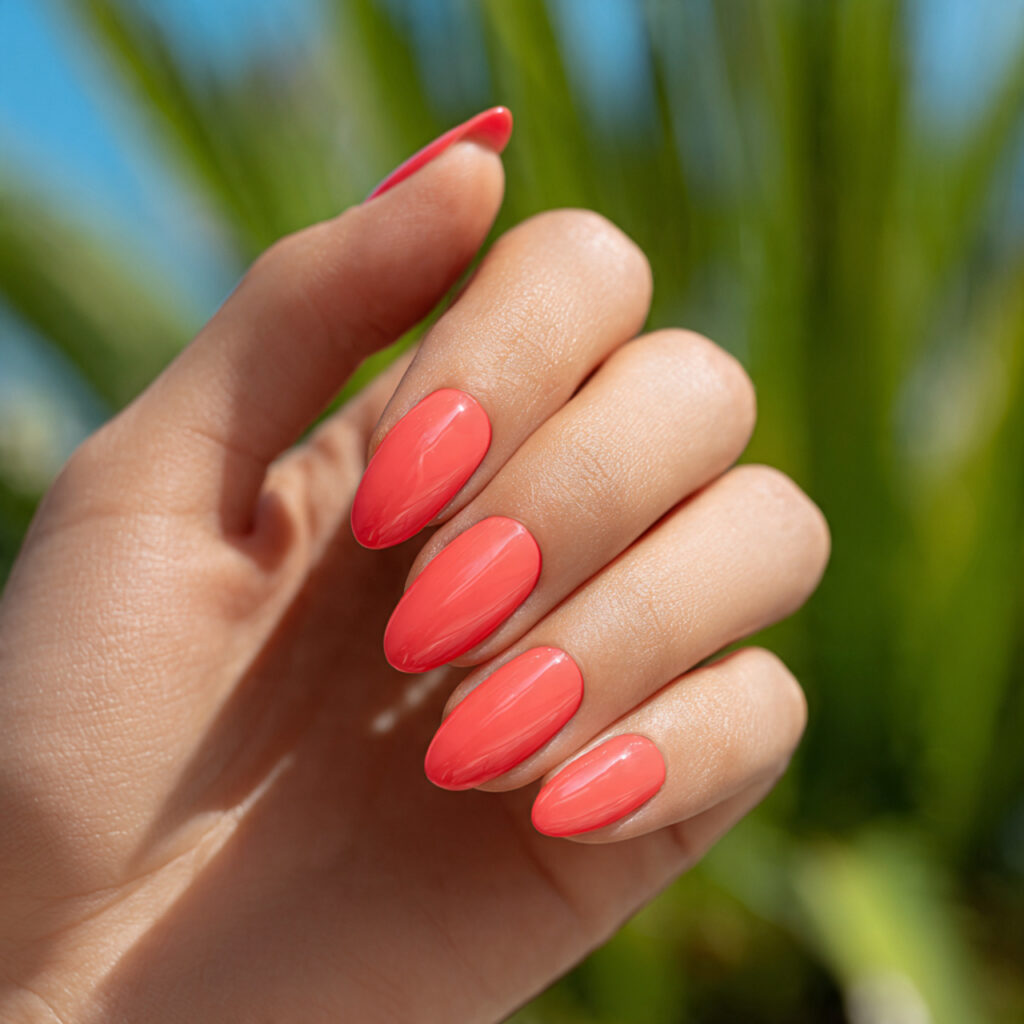 Red Nails Ideas: Bold, Romantic Looks You’ll Want to Save Forever 11 one hand with attractive coral red glow nails glos