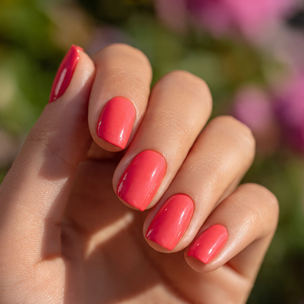 Short Nails Red: The Bold, Timeless Look That Always Wins 11 one hand with attractive coral red soft nails glos