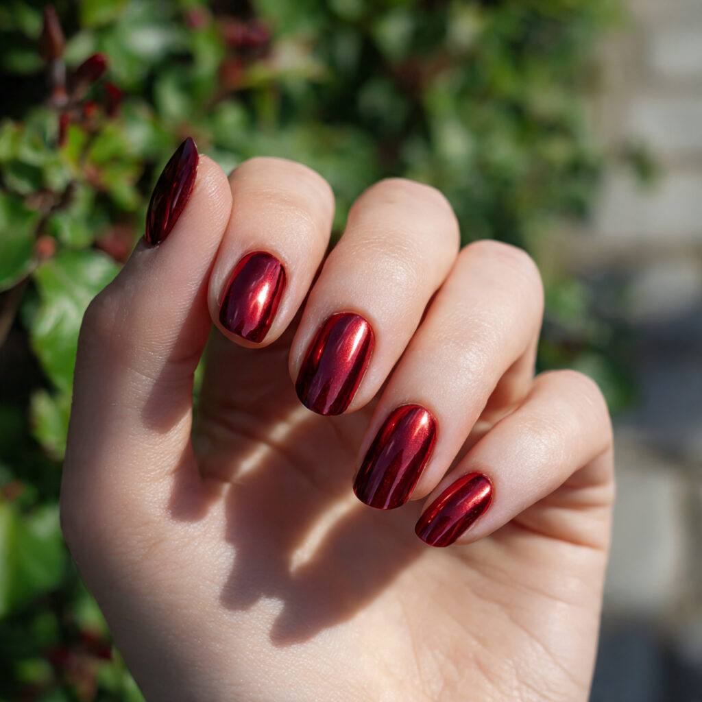 one hand with attractive dark red chrome mirror na