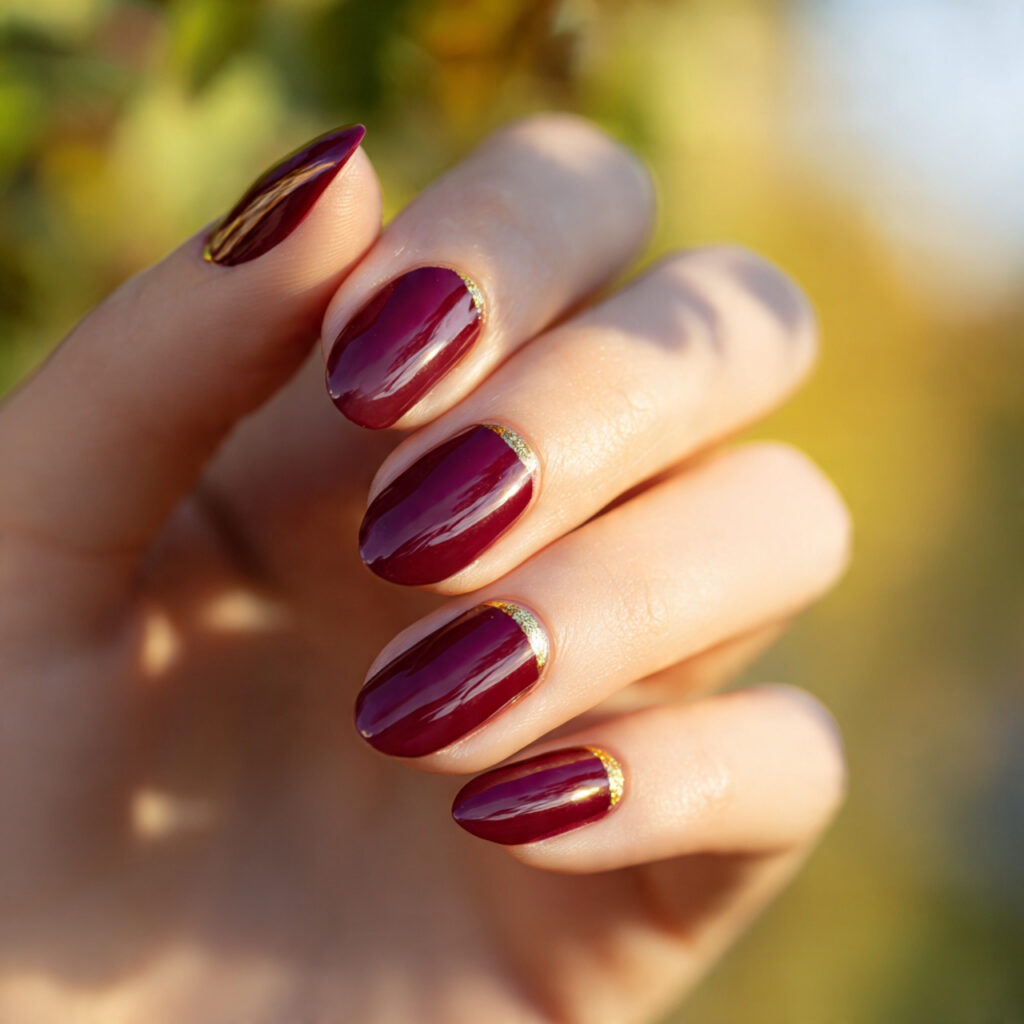 one hand with attractive deep burgundy nails with