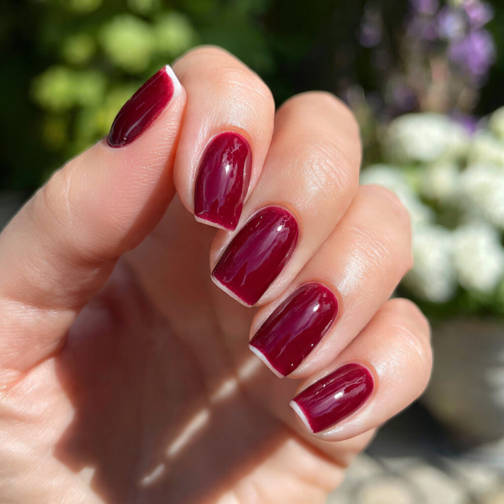 one hand with attractive deep red french tip nails