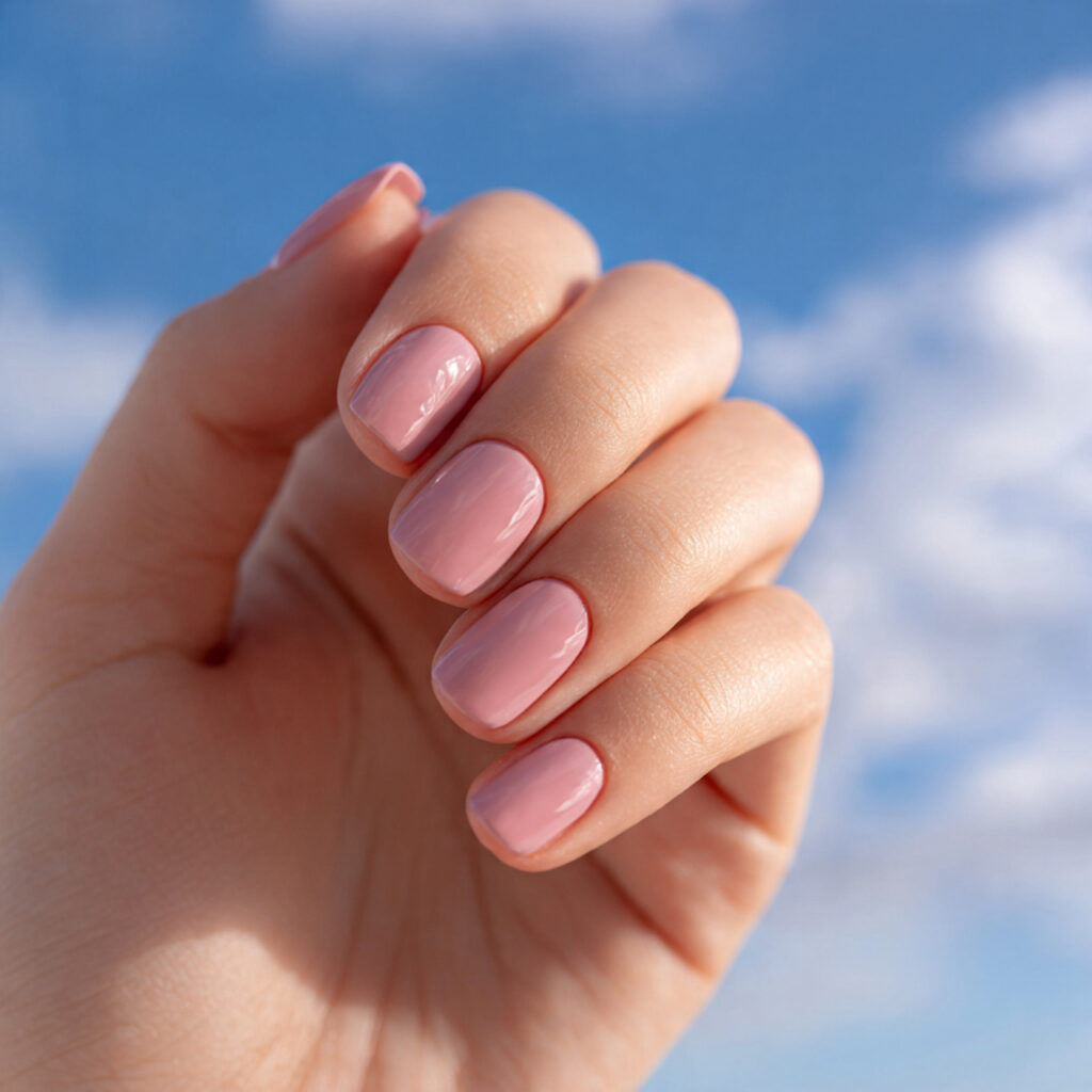 Pink Nails Simple: Soft, Effortless Looks You’ll Always Love 11 one hand with attractive dusty pink short nails gl