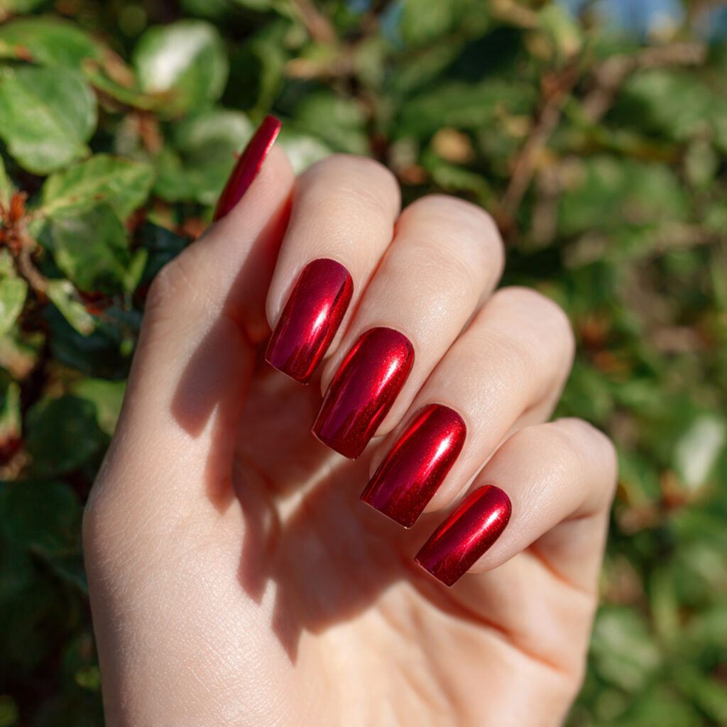 one hand with attractive full red chrome acrylic n
