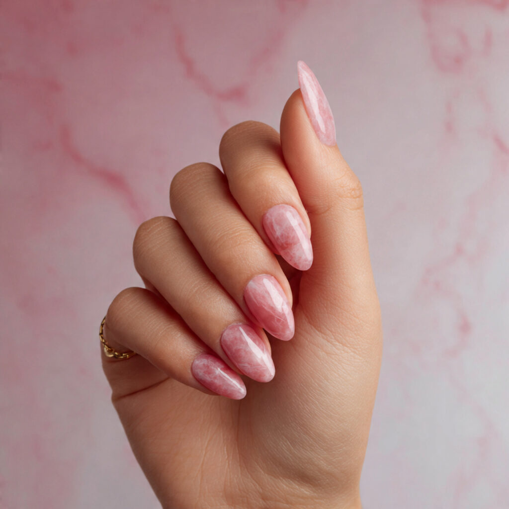 Pink Nails with Designs: Cute Details That Make You Glow 8 one hand with attractive glossy pink marble nails