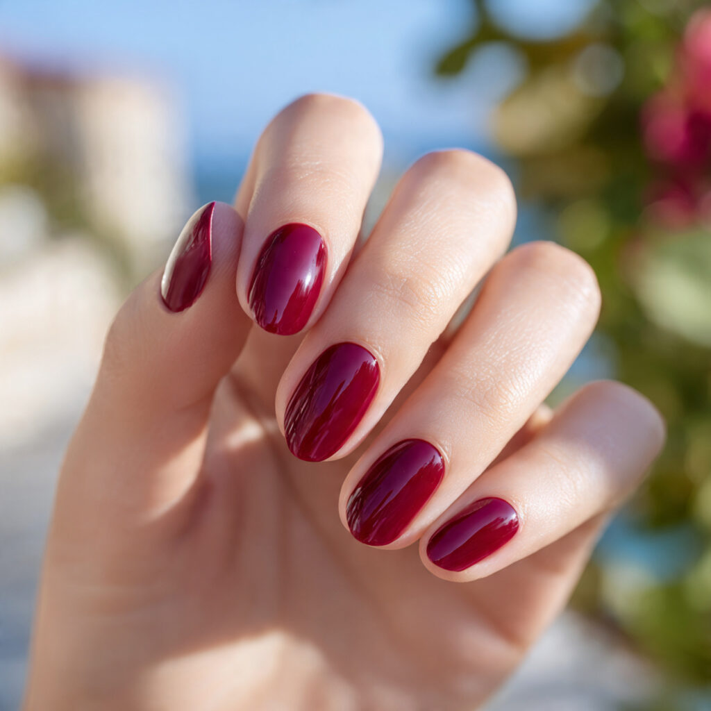one hand with attractive glossy wine red short nai